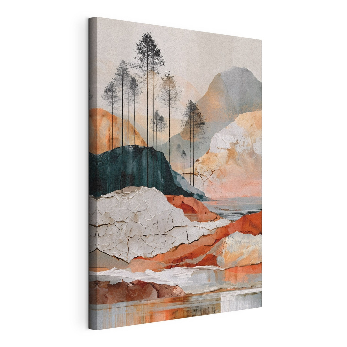 Een abstract landschap met textuur en bomen, gespannen canvas met doorlopende rand