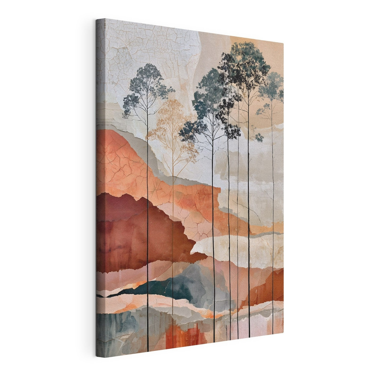 Een abstract landschap met textuur en bomen, gespannen canvas met doorlopende rand