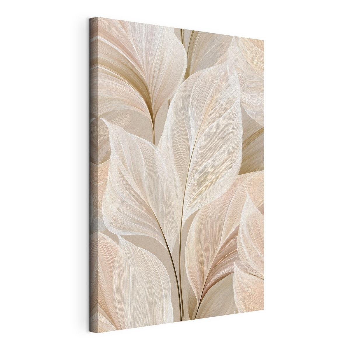 Fijne blaadjes in beige tinten, gespannen canvas met doorlopende rand