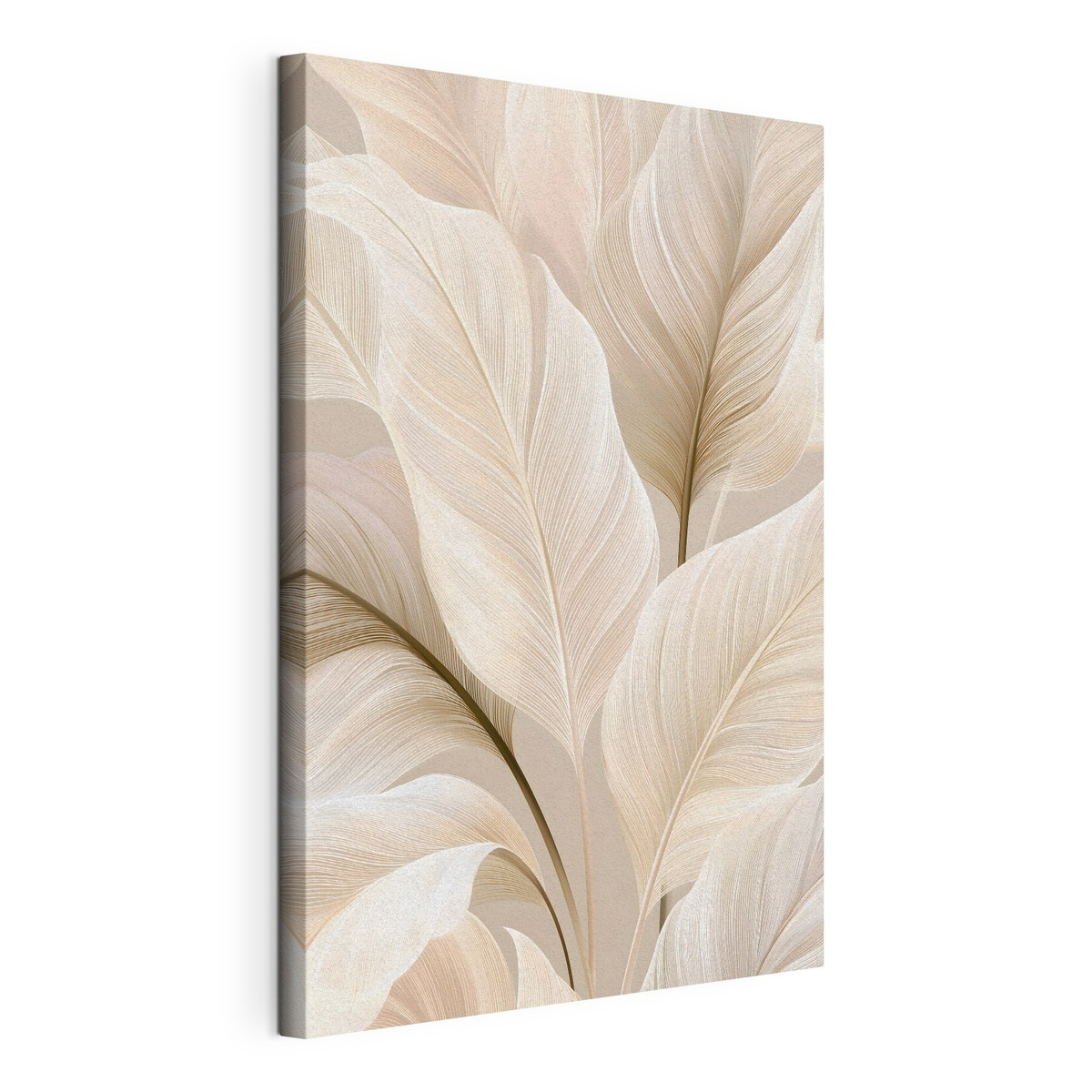 Fijne blaadjes in beige tinten, gespannen canvas met doorlopende rand