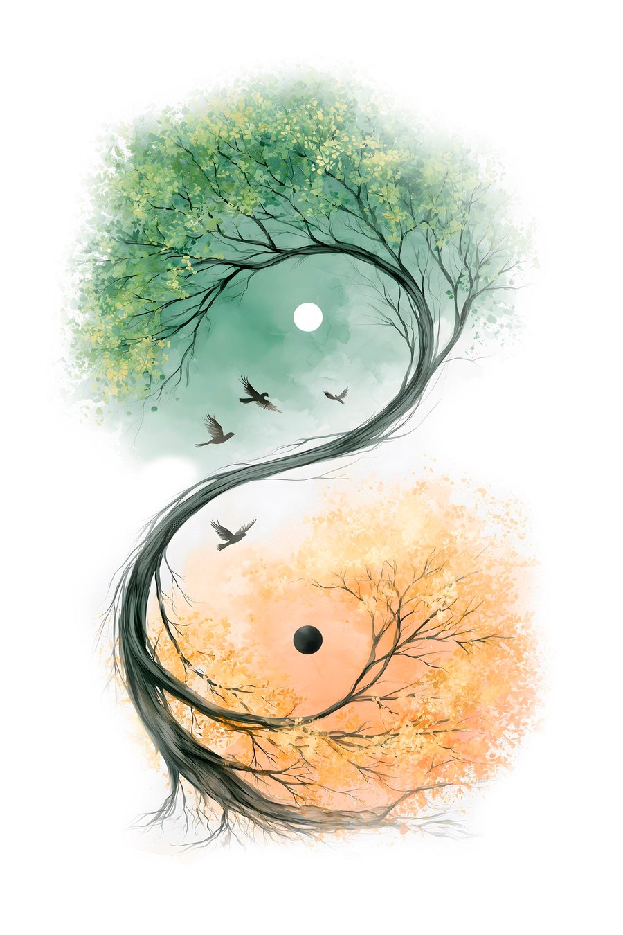 Een boom die in de vorm van het yin-yang-symbool is gebogen — volledig ontwerp
