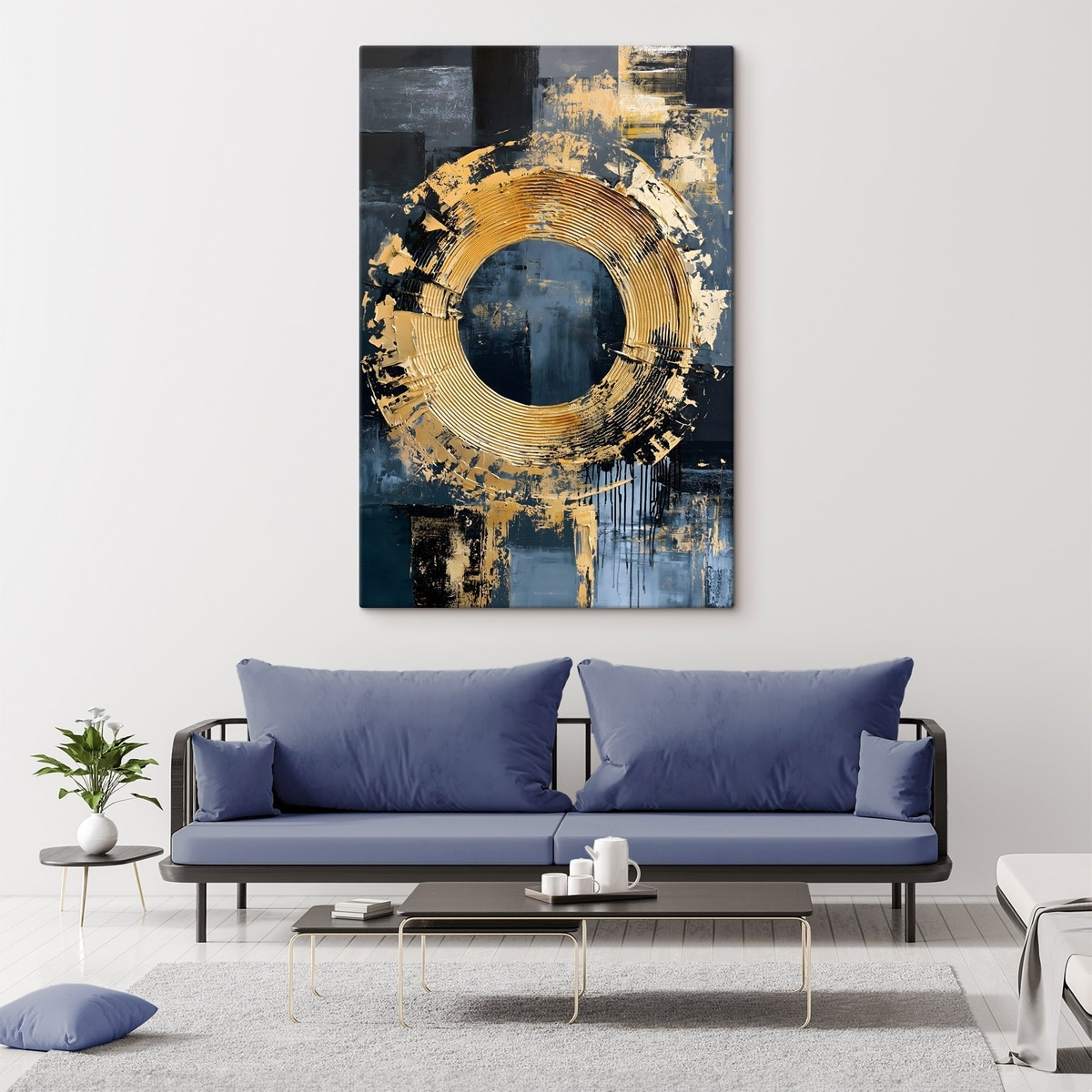 Een abstract schilderij met een cirkel en gesimuleerde penseelstreken — interieur 2