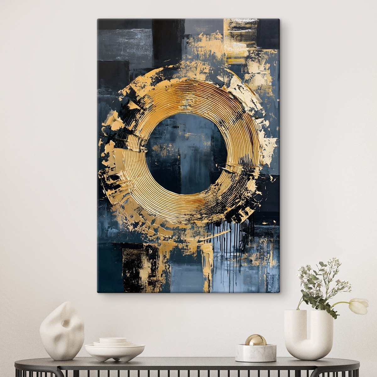 Een abstract schilderij met een cirkel en gesimuleerde penseelstreken — interieur 1