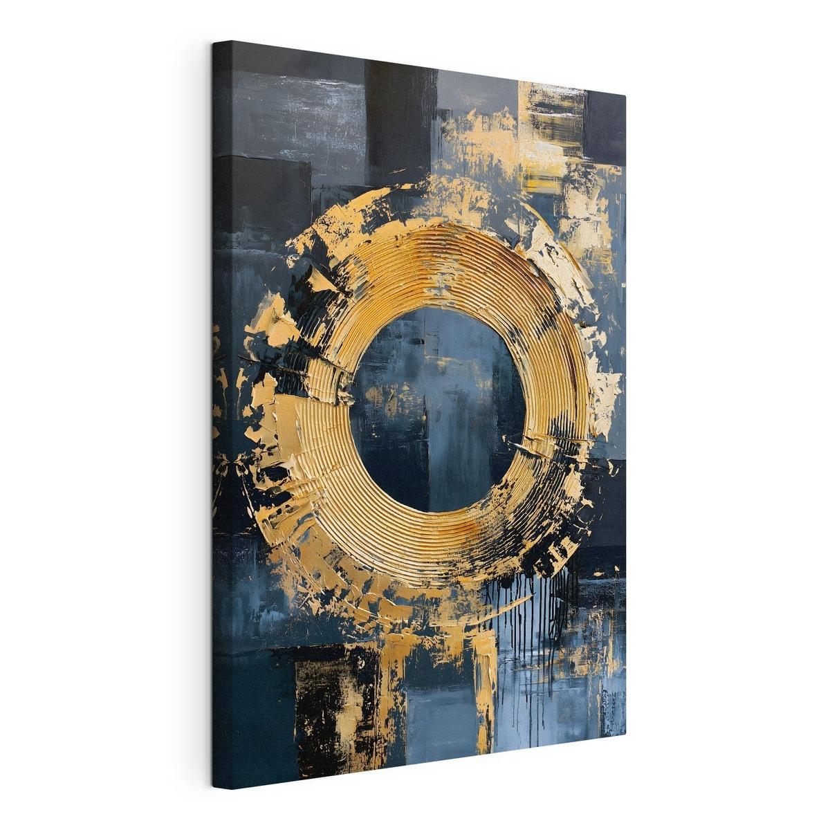 Een abstract schilderij met een cirkel en gesimuleerde penseelstreken, gespannen canvas met doorlopende rand