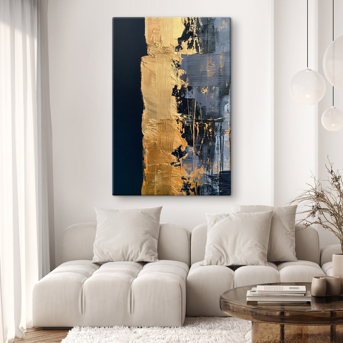 Een abstract schilderij met een streep en gesimuleerde penseelstreken — interieur 2