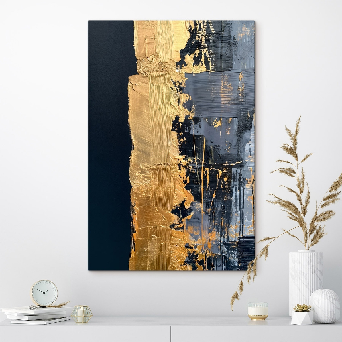 Een abstract schilderij met een streep en gesimuleerde penseelstreken — interieur 1