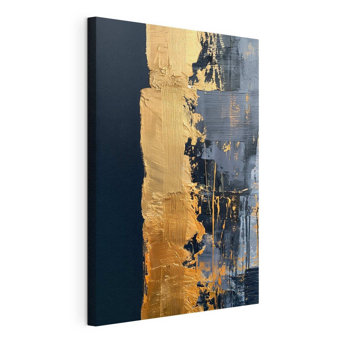 Een abstract schilderij met een streep en gesimuleerde penseelstreken, gespannen canvas met doorlopende rand