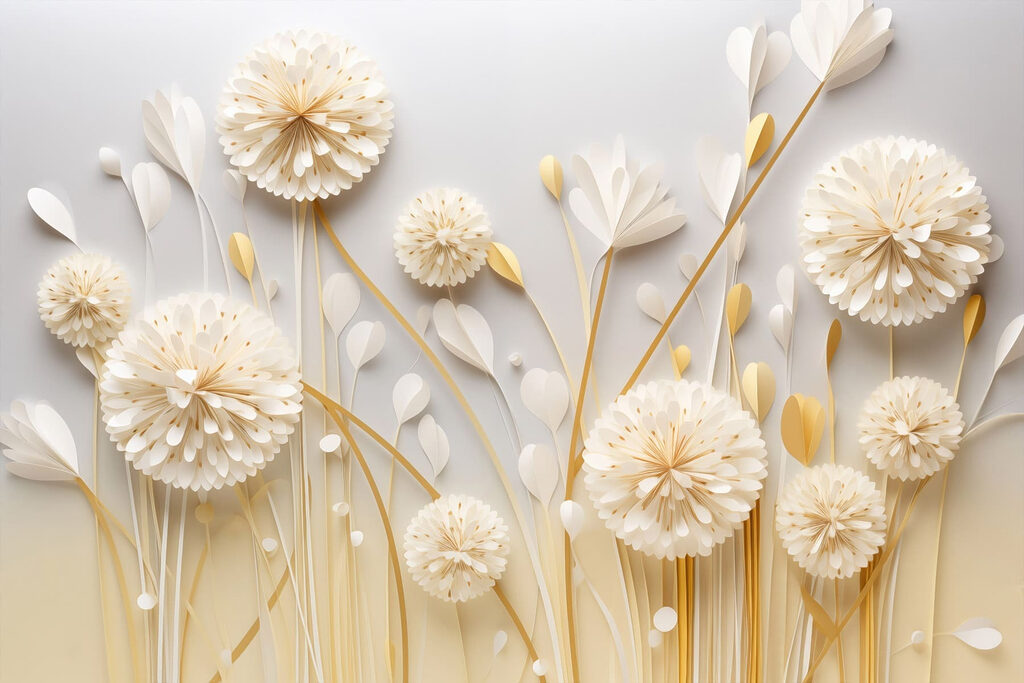 Witte bloemschermen langs goud — volledig ontwerp