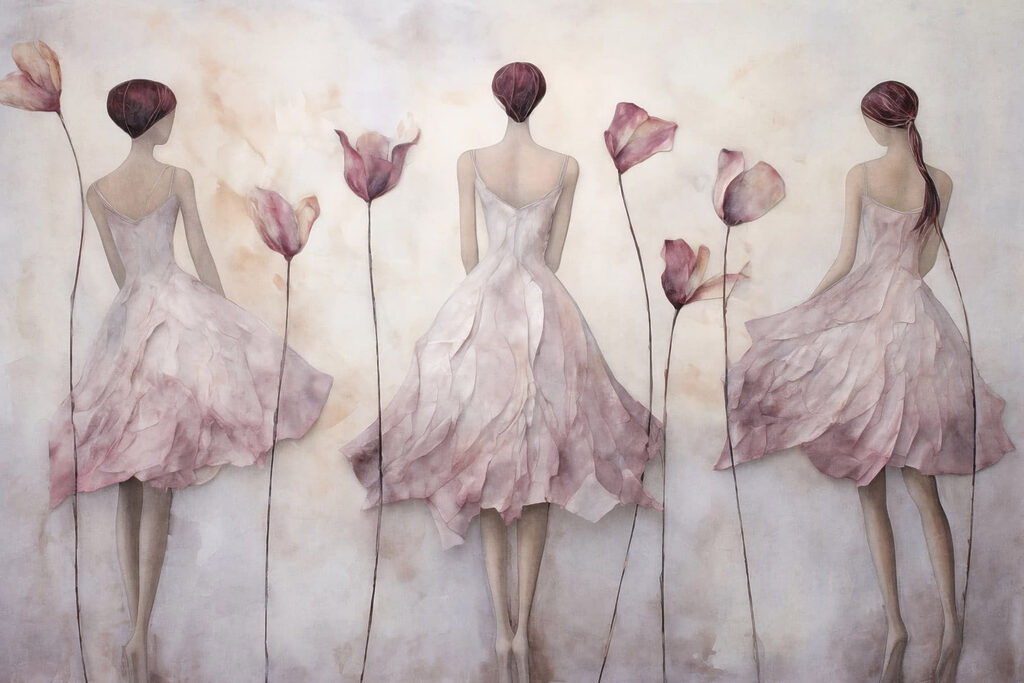 Drie vrouwen tussen tulpen — volledig ontwerp