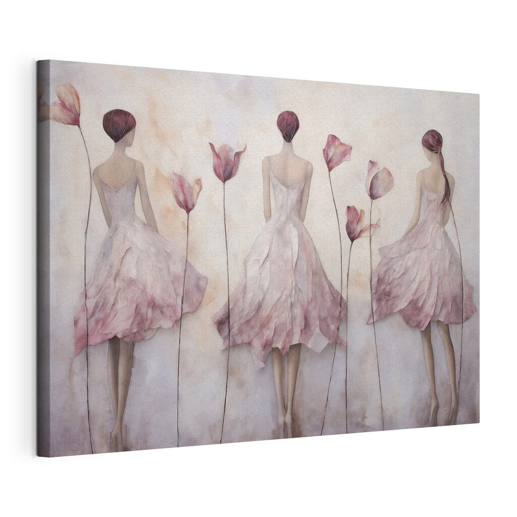 Drie vrouwen tussen tulpen, gespannen canvas met doorlopende rand