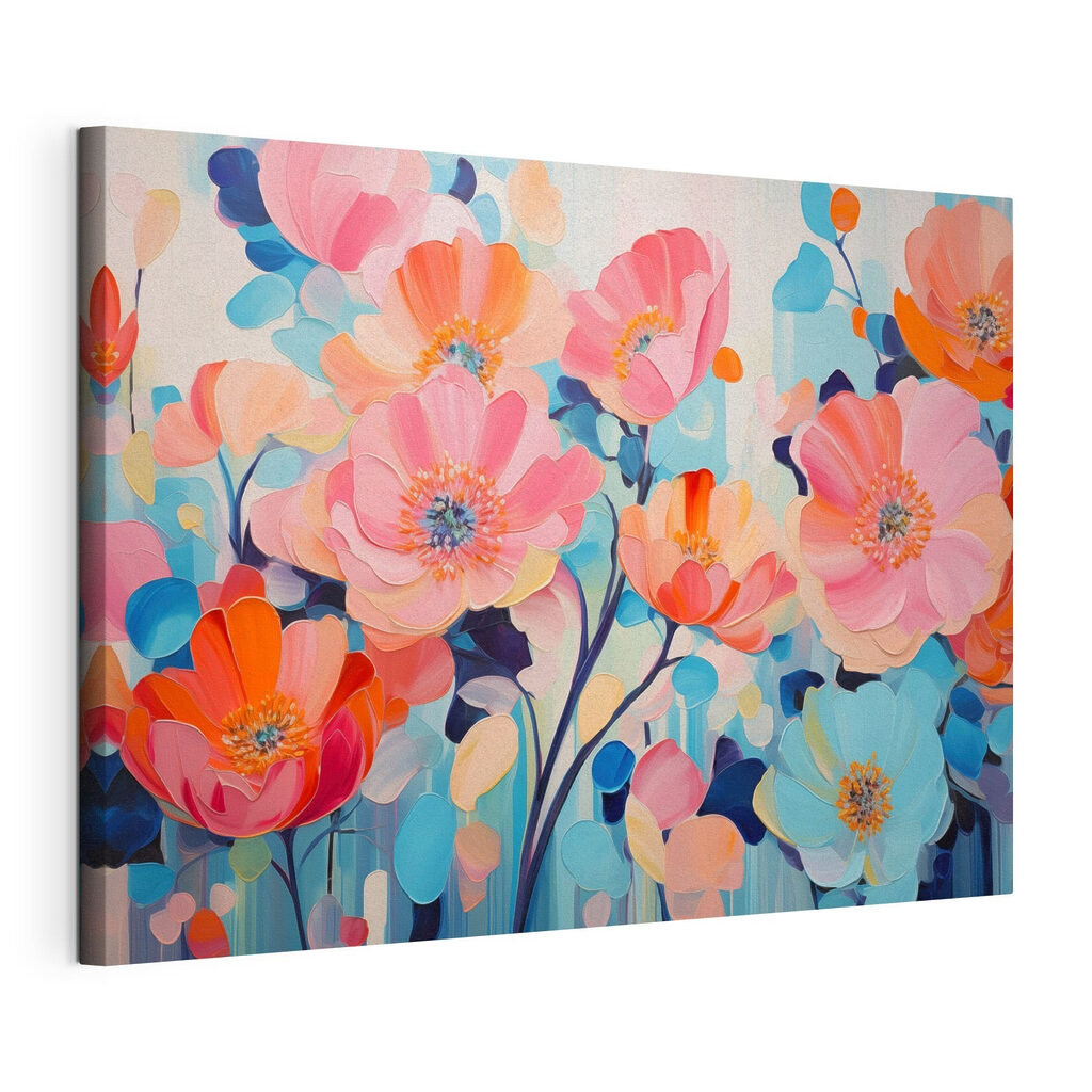 Bloemen in vrolijke verftinten, gespannen canvas met doorlopende rand