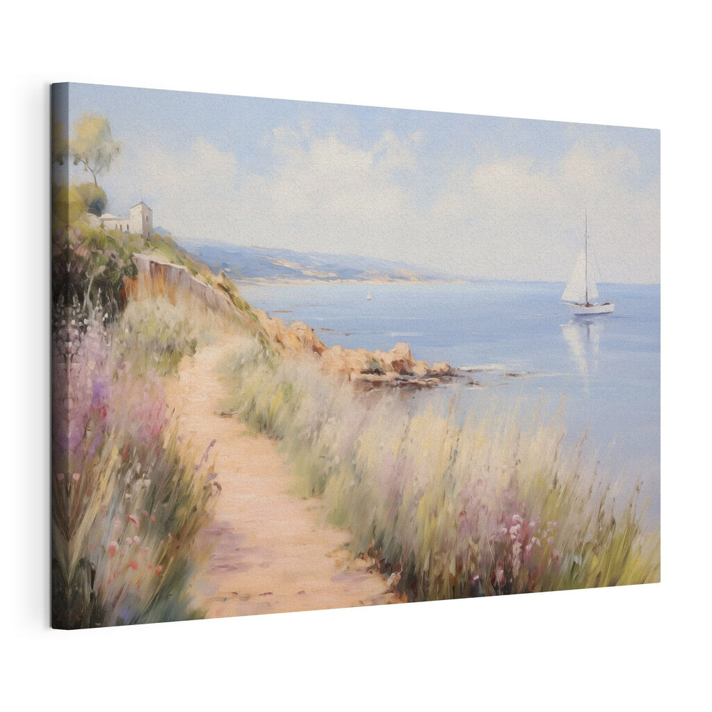 Kustpad langs blauwe stilte, gespannen canvas met doorlopende rand