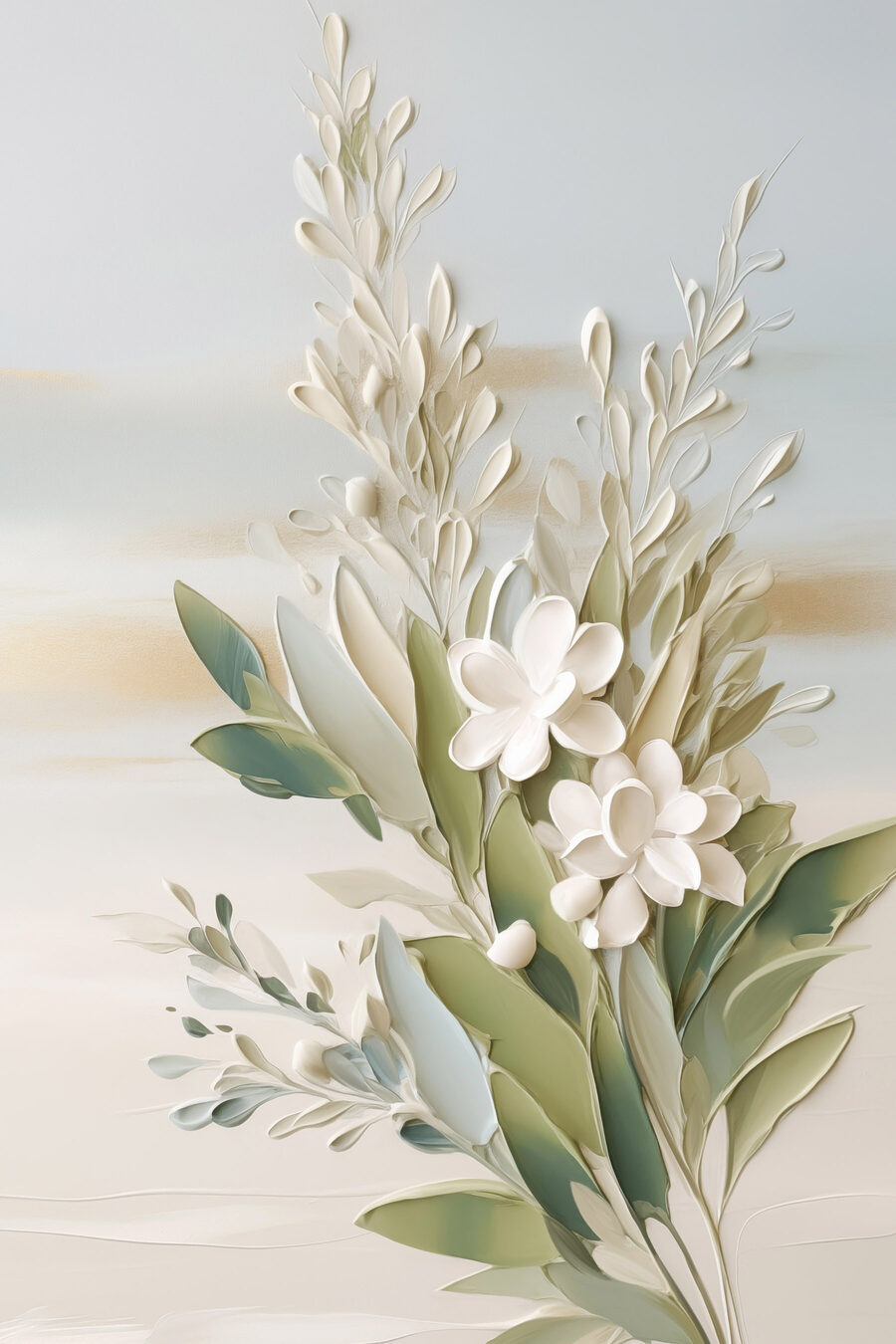 Witte bloemen met olijftakken — volledig ontwerp