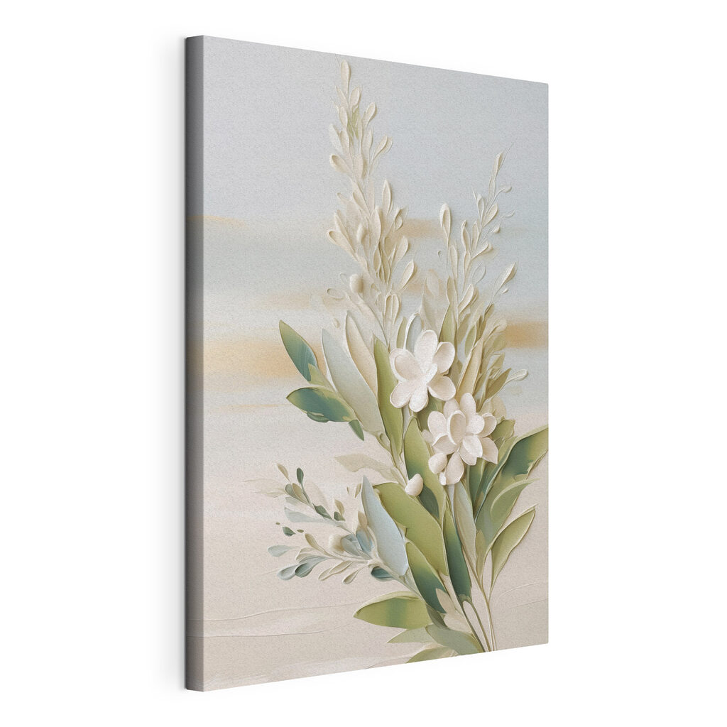 Witte bloemen met olijftakken, gespannen canvas met doorlopende rand
