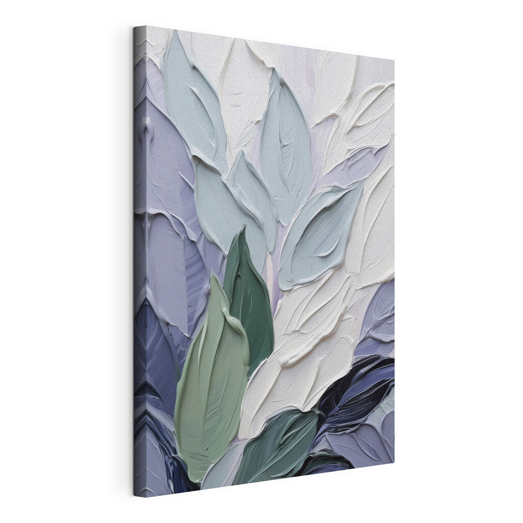 Bladeren in blauwgroene verf, gespannen canvas met doorlopende rand