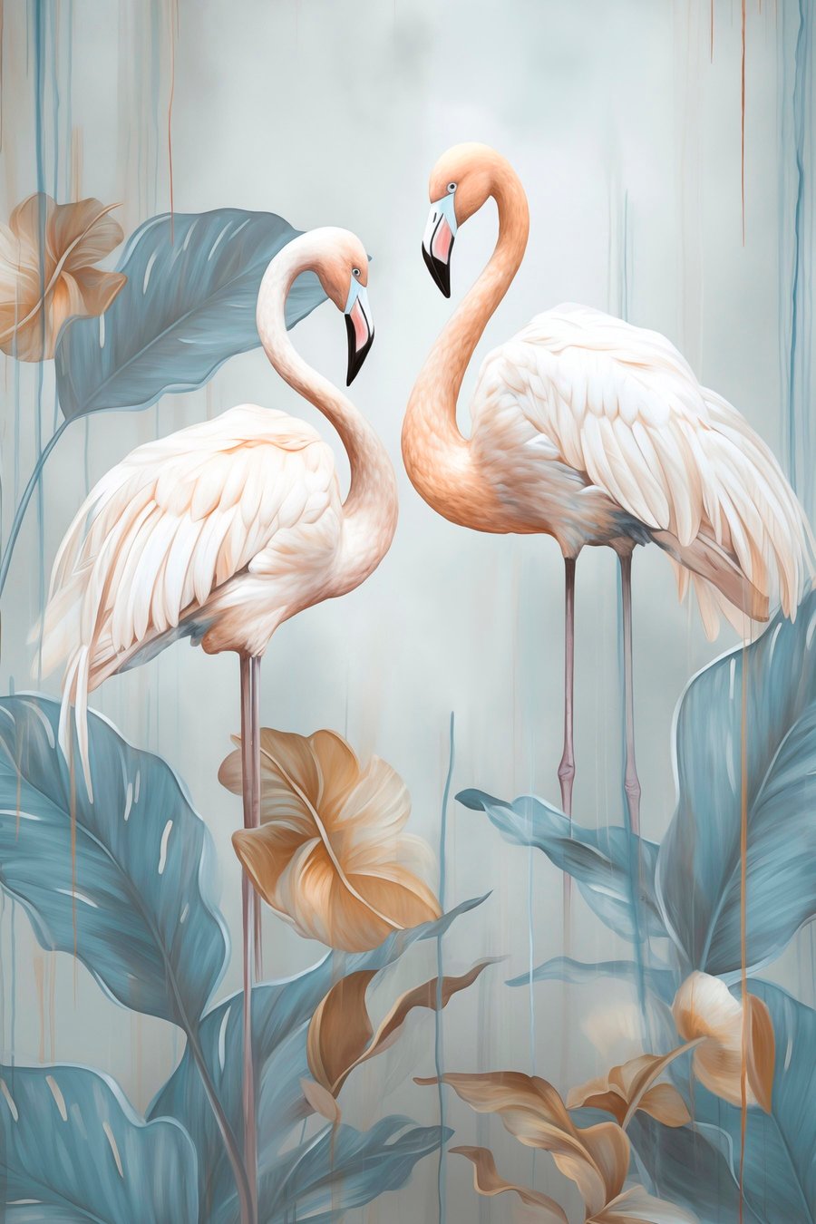 Flamingo's met tropische bladeren, pastelkleuren — volledig ontwerp