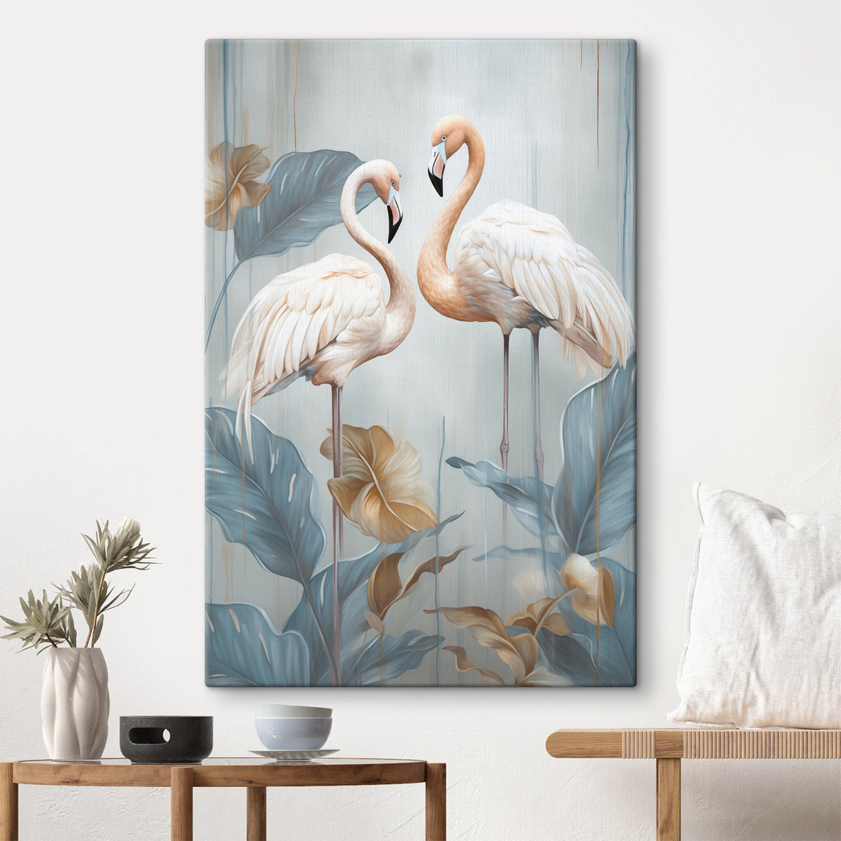 Flamingo's met tropische bladeren, pastelkleuren — interieur 2