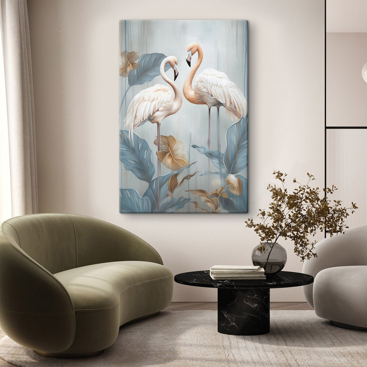Flamingo's met tropische bladeren, pastelkleuren — interieur 1