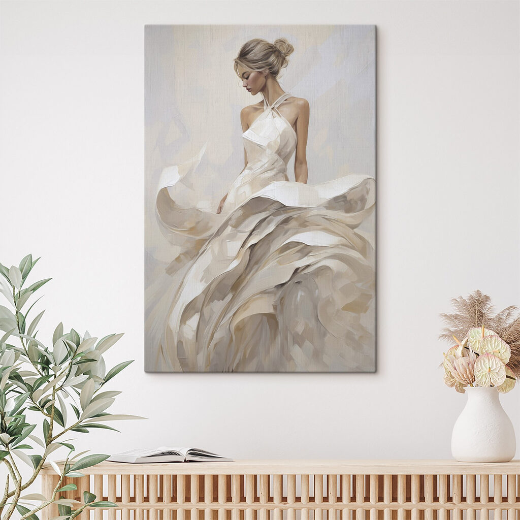 Schilderij van een vrouw in een witte jurk in een interieur