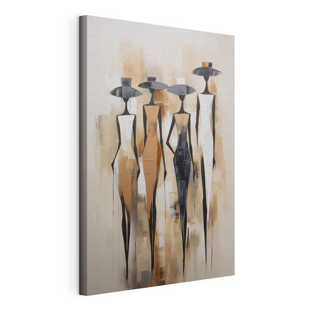 Hoge hoeden, lange figuren, gespannen canvas met doorlopende rand