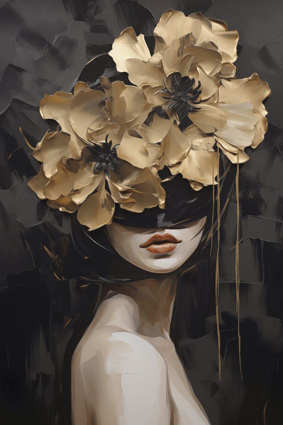 Vrouw achter gouden bloemen — volledig ontwerp