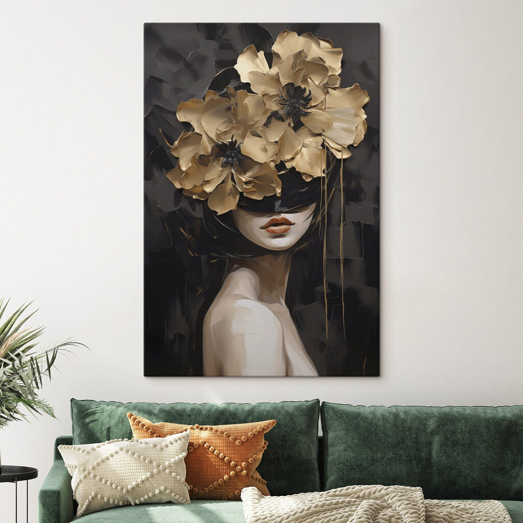 Schilderij van een vrouw met bloemen op haar hoofd in een interieur
