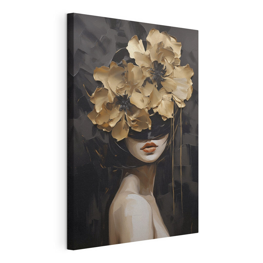 Vrouw achter gouden bloemen, gespannen canvas met doorlopende rand