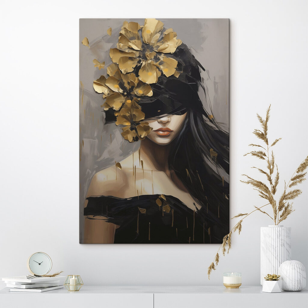 Schilderij van een vrouw met een blinddoek en bloemen op haar hoofd in een interieur