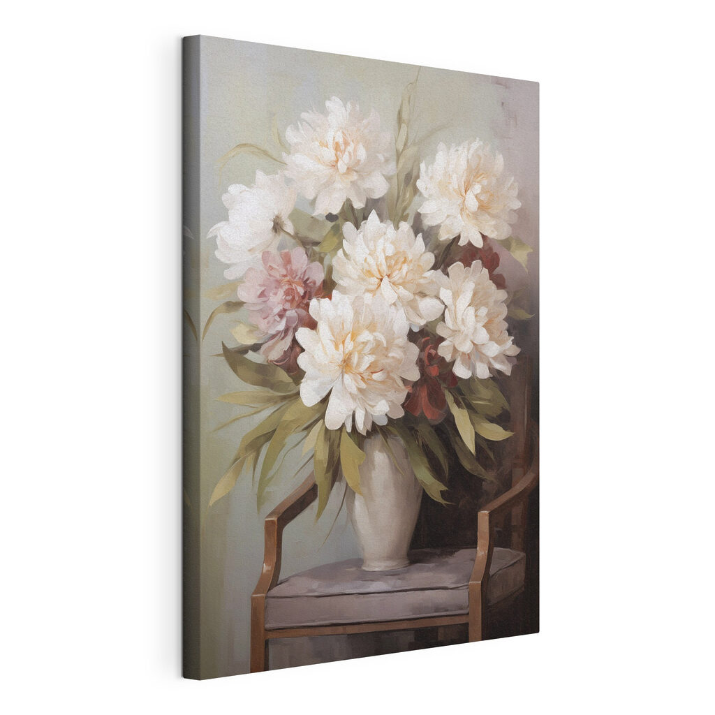 Bloemenvaas op houten stoel, gespannen canvas met doorlopende rand