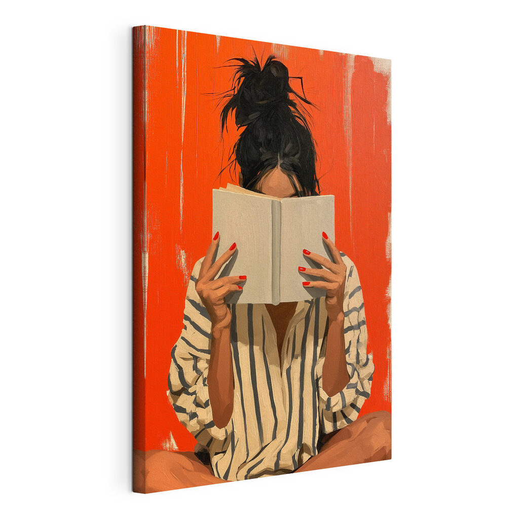 Lezende vrouw op oranje, gespannen canvas met doorlopende rand