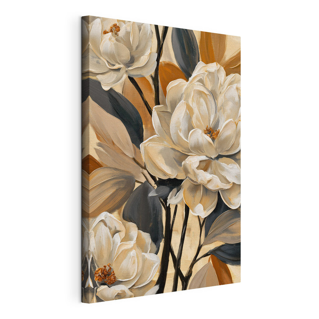 Roomwitte bloemen tussen oker, gespannen canvas met doorlopende rand
