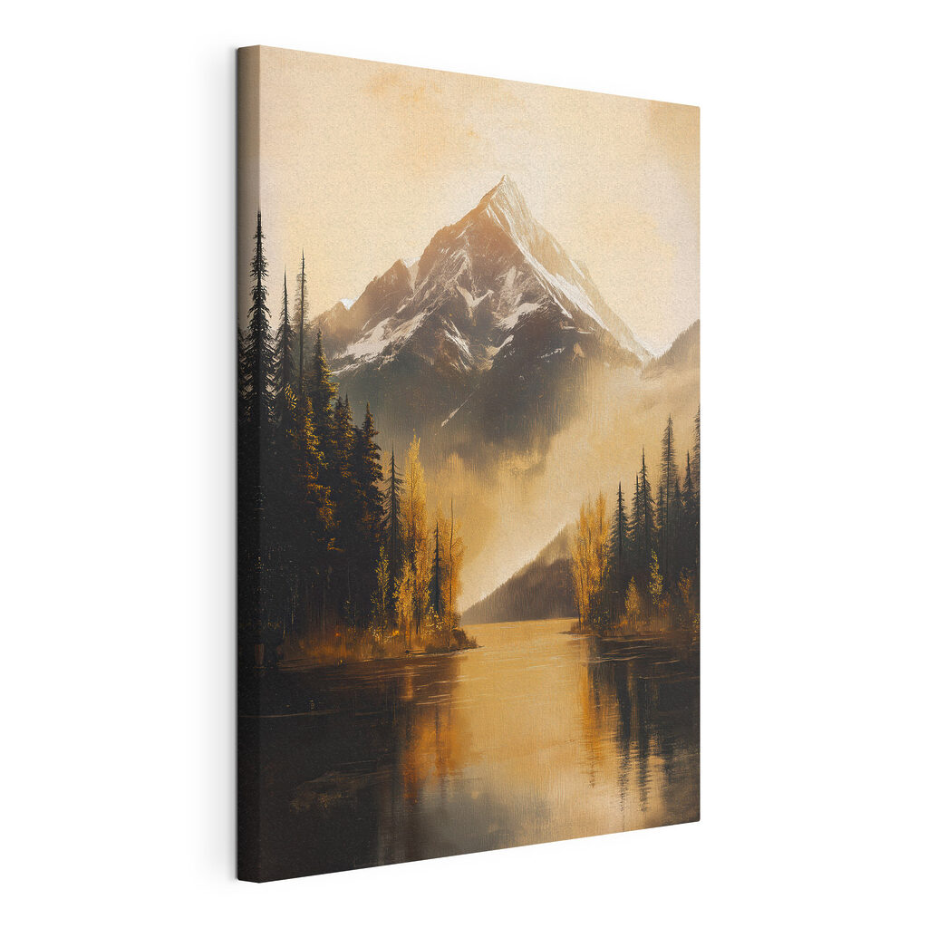 Bergtop in gouden licht, gespannen canvas met doorlopende rand
