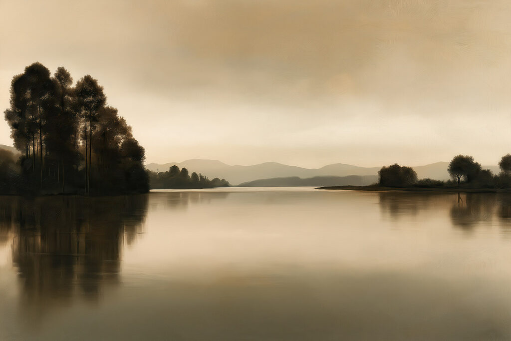 Donkere bomen langs spiegelwater — volledig ontwerp