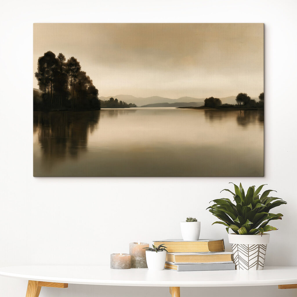 Donkere bomen langs spiegelwater — interieur 2