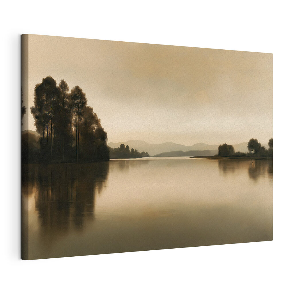 Donkere bomen langs spiegelwater, gespannen canvas met doorlopende rand