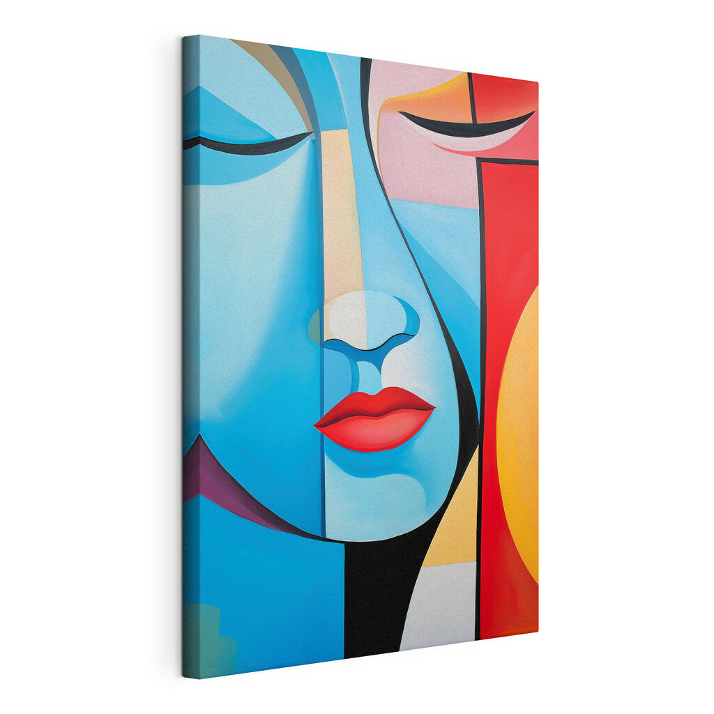 Blauw gezicht, rode lippen, gespannen canvas met doorlopende rand