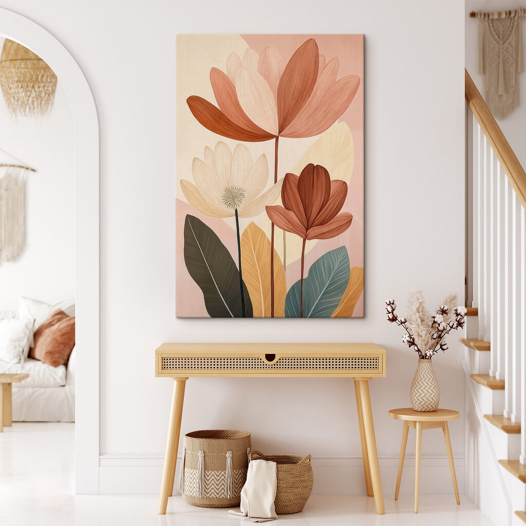 Schilderij van bloemen met bladeren in een interieur