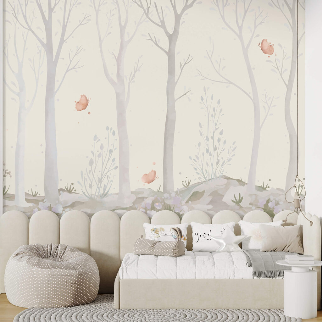 Groep bomen met vlinders in een interieur
