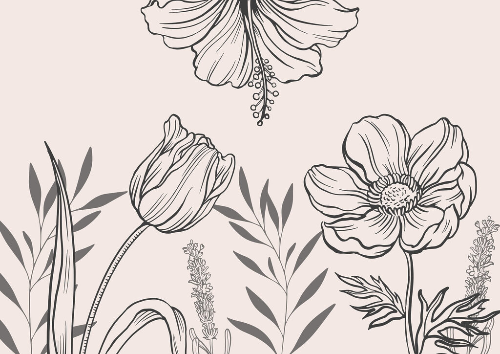 Delicaat lijnmotief met bloemen — volledig ontwerp