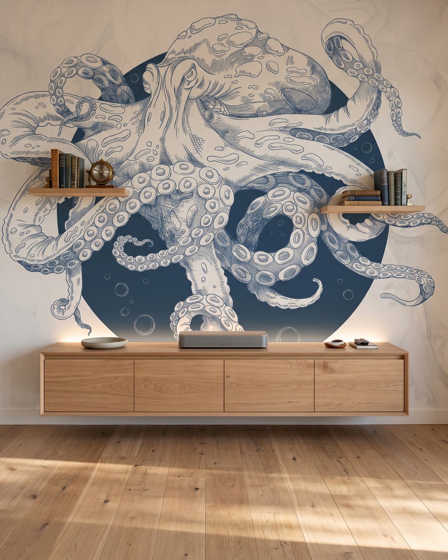 Een octopus vol krullen in een interieur