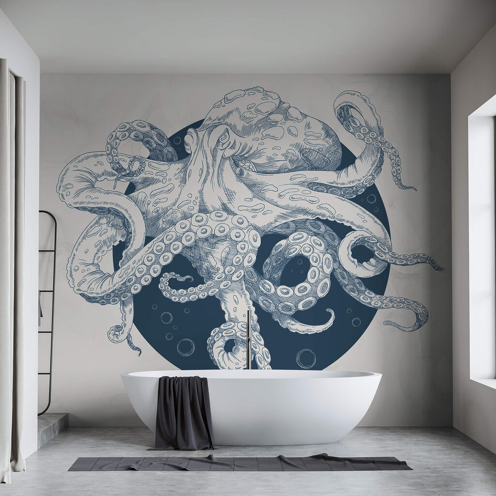Tekening van een octopus in een interieur