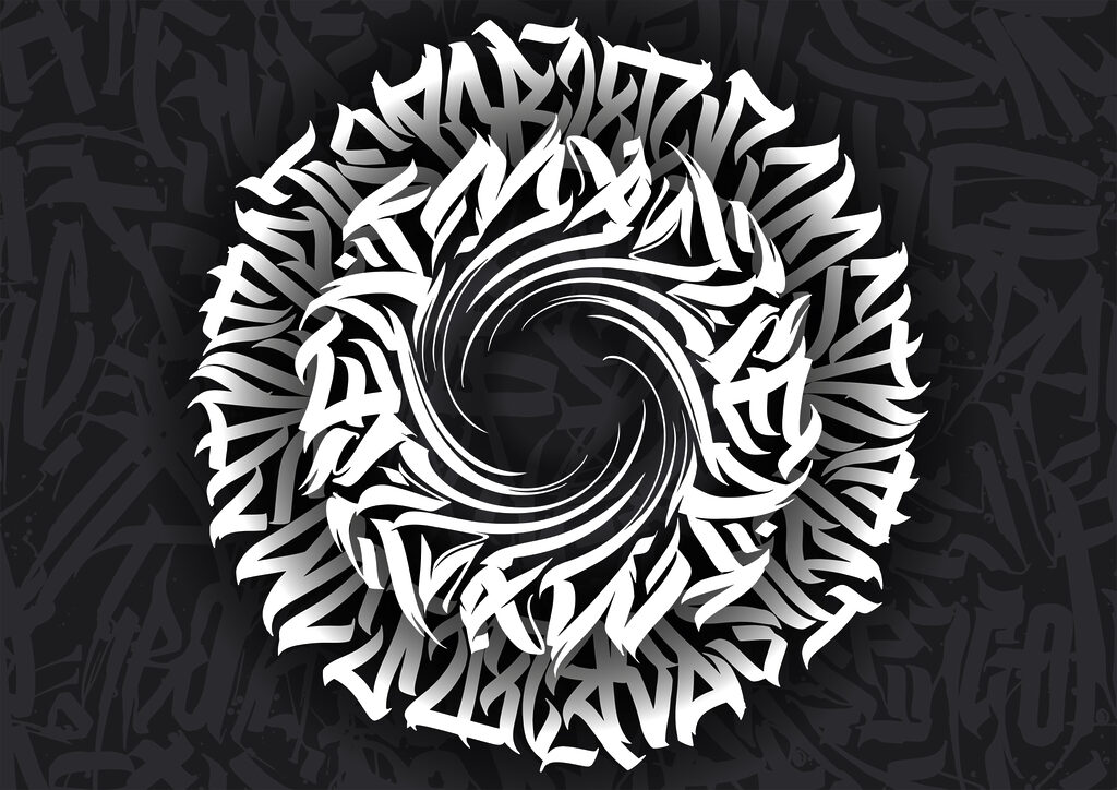 Witte letters draaien rond — volledig ontwerp