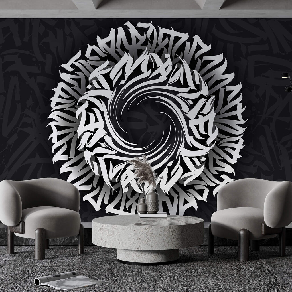 Witte letters draaien rond — interieur 1