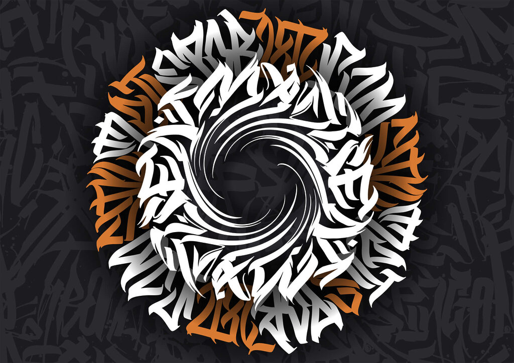 Rond patroon met witte en oranje letters — volledig ontwerp