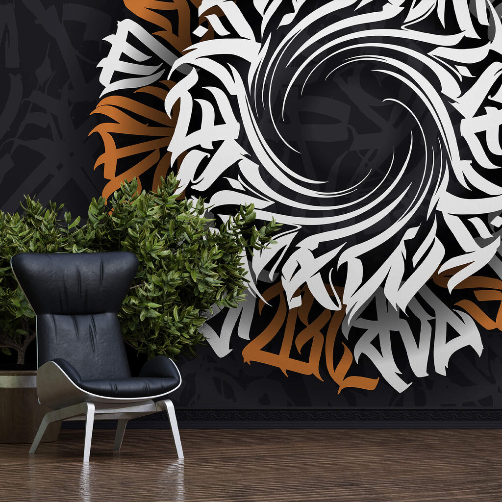 Rond patroon met witte en oranje letters — interieur 2