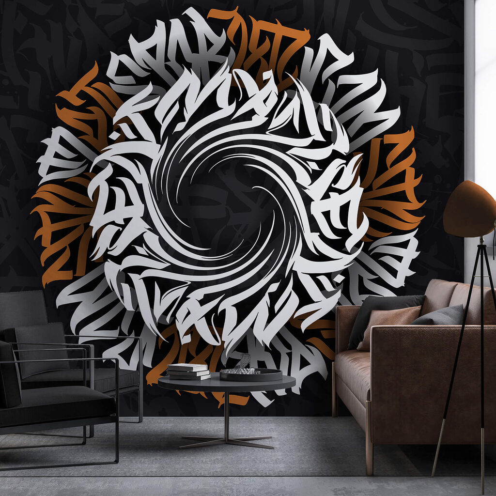 Rond patroon met witte en oranje letters — interieur 1