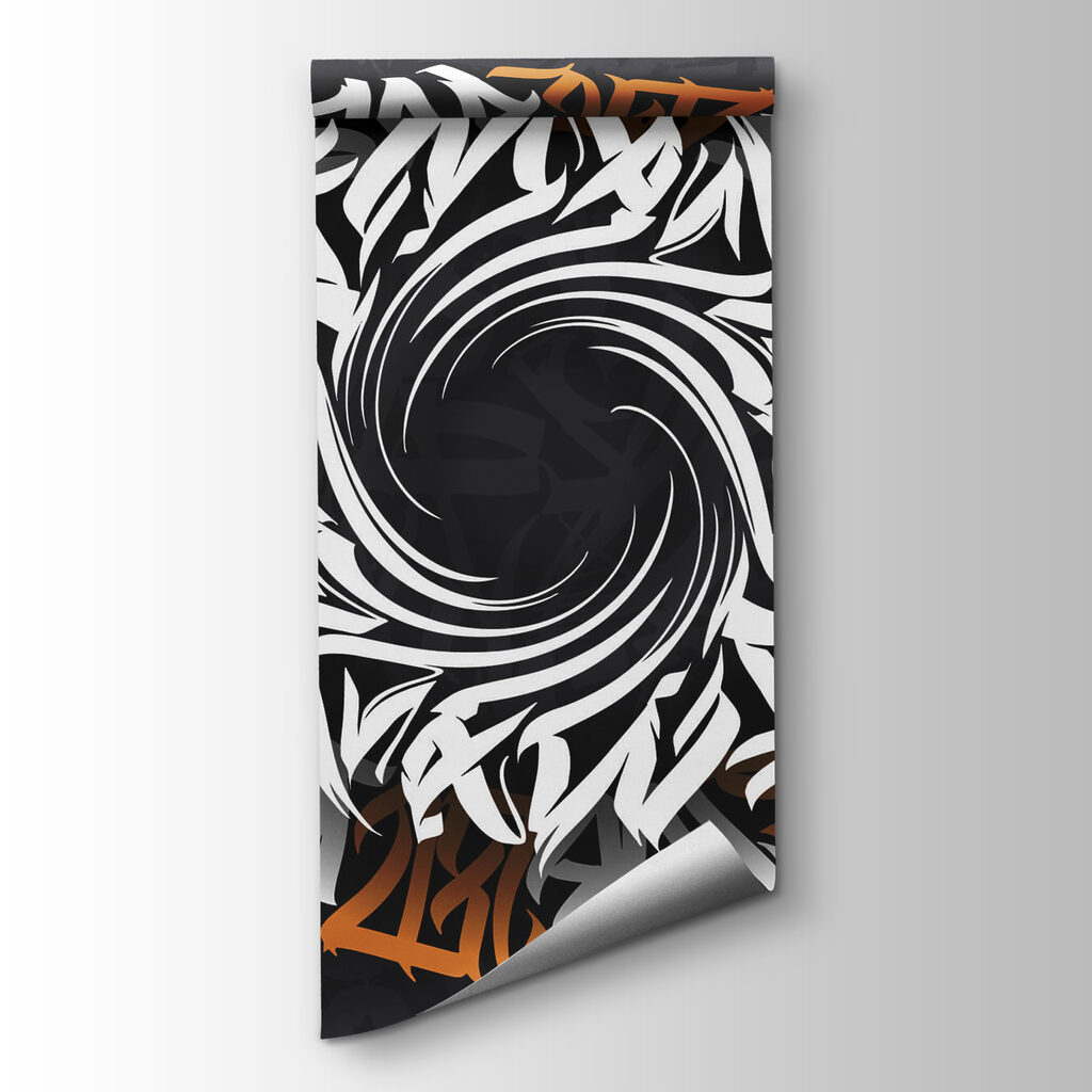 Rond patroon met witte en oranje letters — productweergave