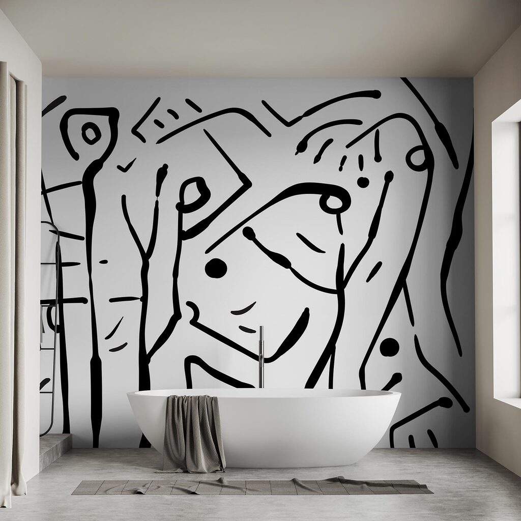 Zwart-wit tekening van een groep mensen in een interieur