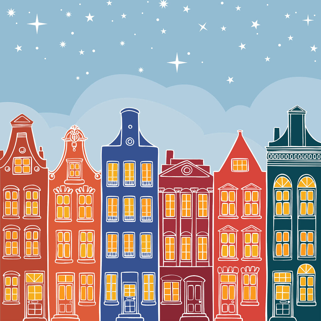 Kleurige gevels onder sterren — volledig ontwerp
