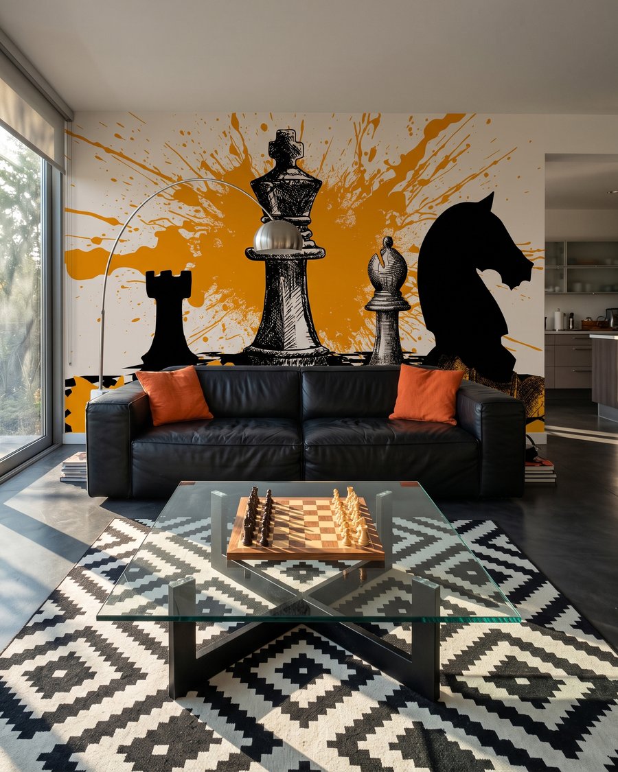 Schaakspel met gele spatten in een interieur